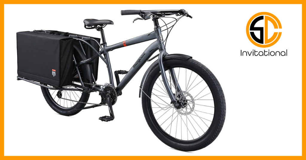 Mongoose Envoy Cargo Bike with 26-Inch Wheels in Grey, with 8-Speeds, Shimano Drivetrain, Aluminum Cargo Frame, Internal Cable Routing, Mechanical Disc Brakes, and Center Kickstand
